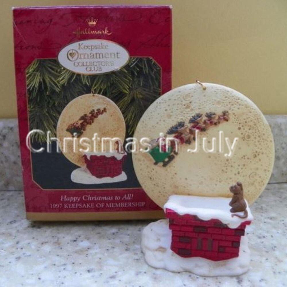 Hallmark 1997 Happy Christmas to All KOC Member Chimney Santa Moon Ornament